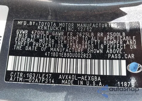 2013 Toyota Avalon Hybrid Xle Touring from USA, damaged, VIN 4T1BD1EB9DU002823